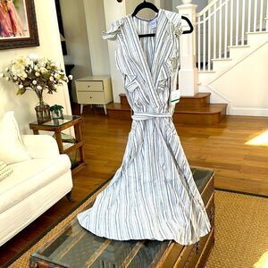 VIOLET WEEKEND DRESS NEW w/ Tags Ivory Indigo Size Large Linen/Rayon & pockets!